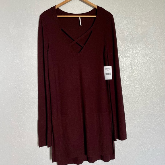New Free People Crisscross Long-Sleeve Tunic Sweater in Mocha - Size L - Picture 9 of 10